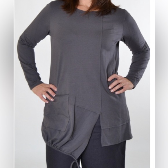 Chalet et Ceci Roma Tunic Asymmetric Drawstring Hem Front Pocket Lagenlook S - Picture 2 of 13